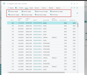 Dynamics Business Central - GL Registers Page Button