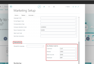 Dynamics Business Central - Business Relation Code Setup in Marketing Setup