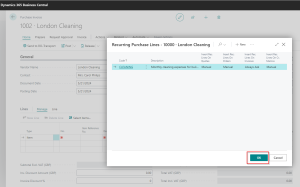 Dynamics Business Central - Select purchase code for recurring lines