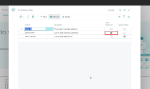 Dynamics Business Central - Purchasing code page - Drop Shipment Code Setup