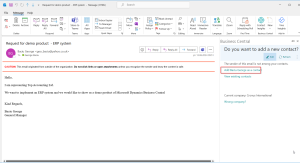 Outlook - Business Central Integration - Contact Insights Add contact option