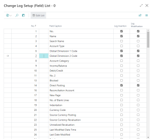 Dynamics Business Central - GL Account Change Log Fields