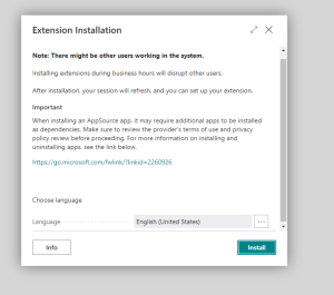 Dynamics Business Central - Extension Installation Message