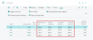 Dynamics Business Central - Currencies Page- GL Accounts for realized and unrealized gains and losses