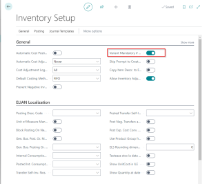 Dynamics Business Central - Inventory Setup - Item Variant Mandatory