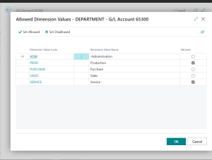 Dynamics Business Central - Allowed dimension values