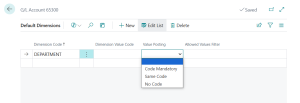 Dynamics Business Central - Select value posting in Dimensions page