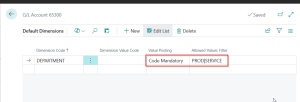 Dynamics Business Central - Values for dimension policy setup